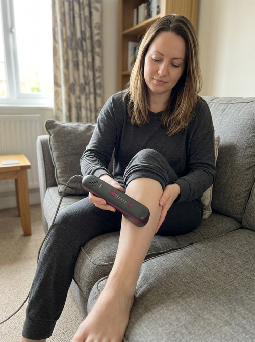 Clarty IPL handset held against the lower leg on a sofa, everyday at-home use, natural light