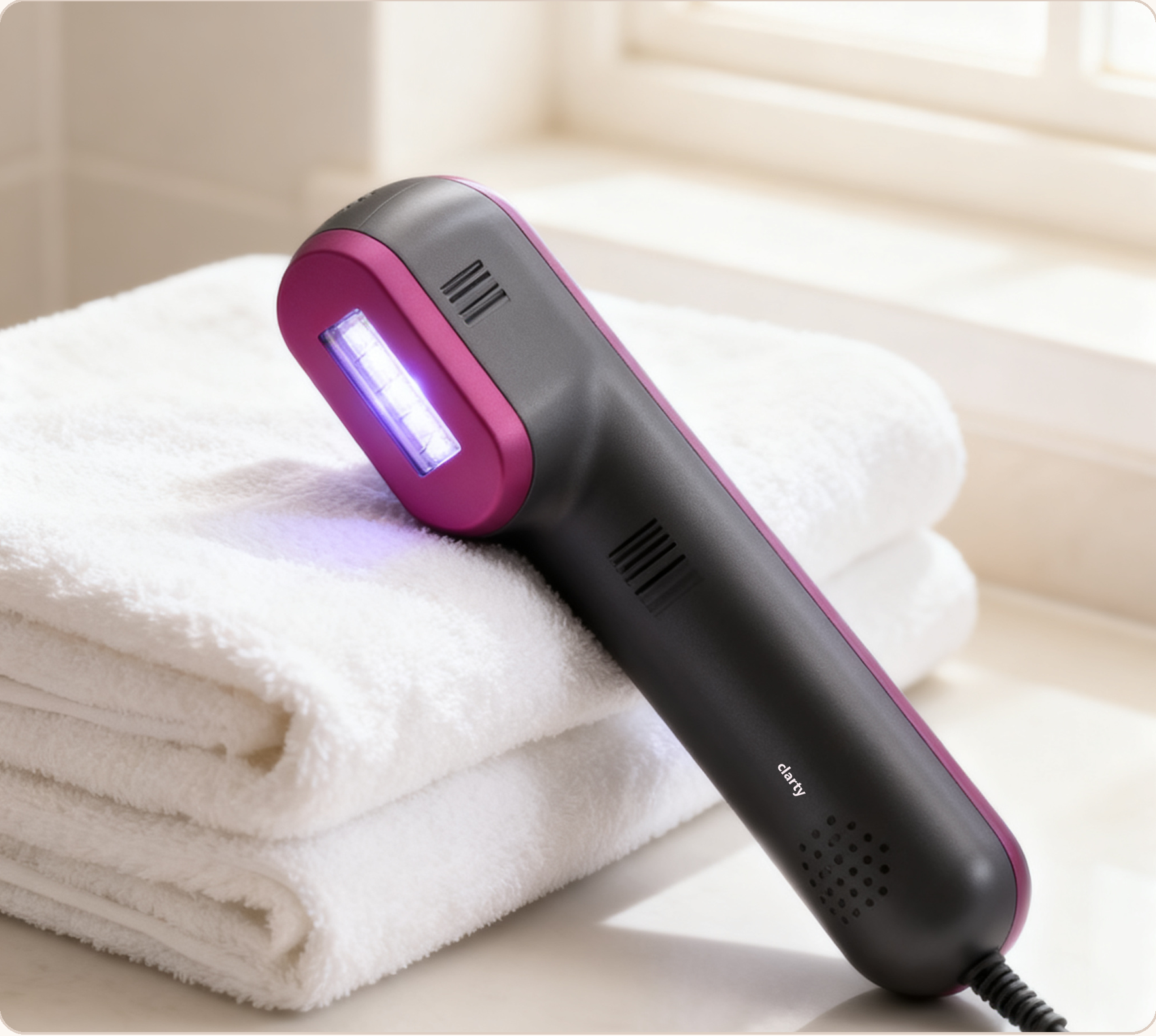 Clarty IPL handset resting on a folded towel