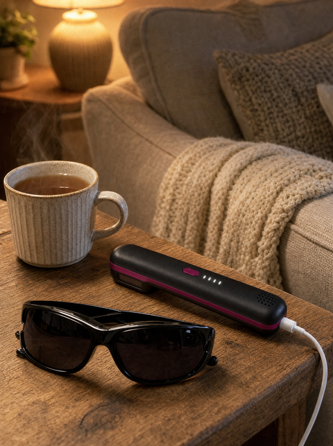 Clarty handset on a side table with a mug and safety glasses