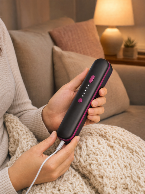 Hands holding the Clarty handset on a knit throw