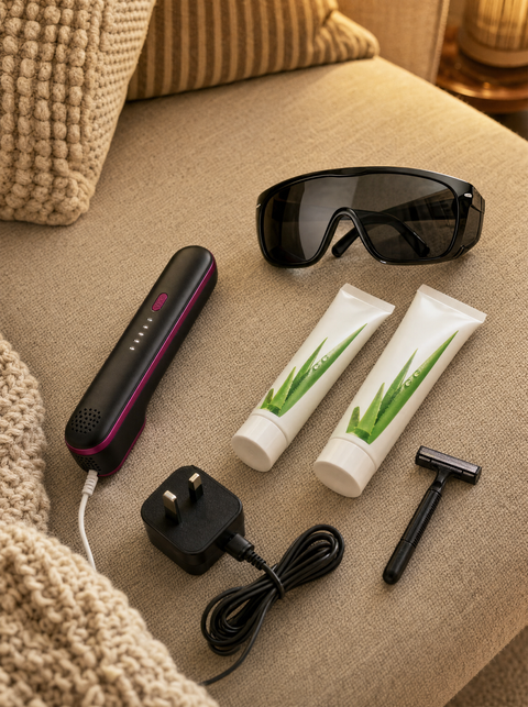 Clarty kit: handset, safety glasses, two aloe gels, razor and plug