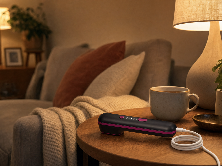 Clarty handset on a side table in a cosy living room