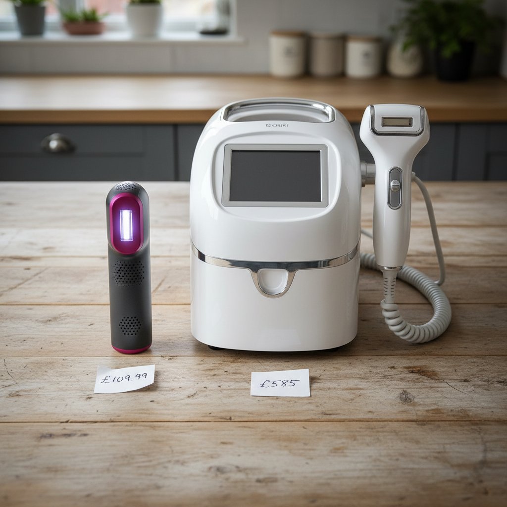 Clarty handset at 109.99 pounds next to a 585 pound flagship IPL device using the same light-based method