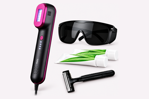 Clarty IPL handset with safety goggles, two aloe gels and skin scraper