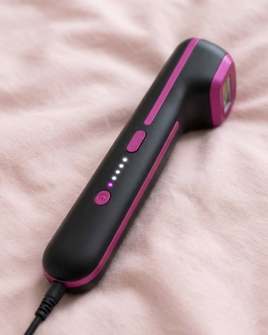 Clarty handset close-up showing the power button and the 5 intensity level lights