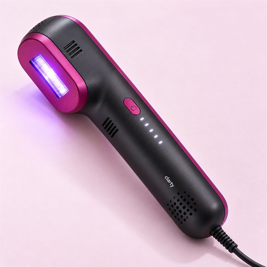 Clarty handset close-up showing the magenta edge stripe, power button, level lights and clarty wordmark