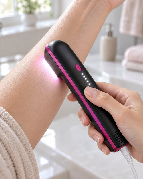 Close-up of the Clarty handset head pressed to the inside of a forearm with the flash window lit against the skin