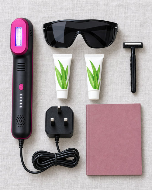 What's in the box: Clarty IPL handset, protective glasses, razor, two aloe vera gels, UK mains adapter and instruction manual