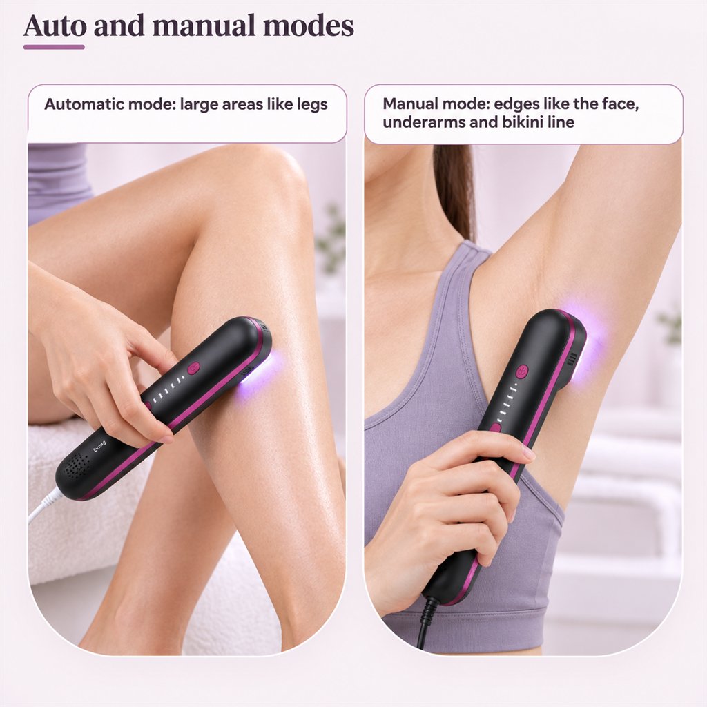 Auto and manual modes: automatic for large areas like legs, manual for edges like the face, underarms and bikini line
