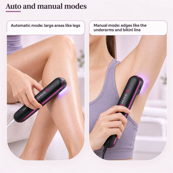 Auto and manual modes: automatic for large areas like legs, manual for edges like the underarms and bikini line