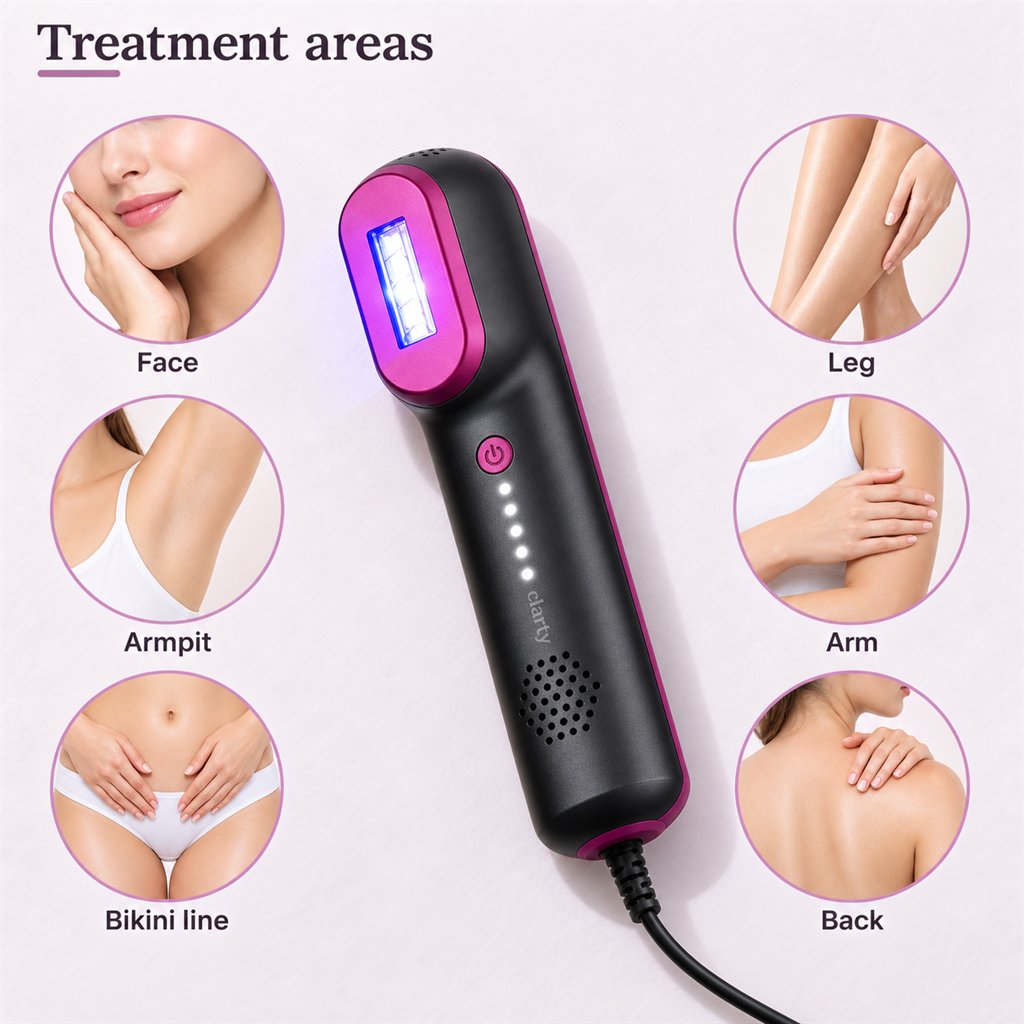 Clarty IPL handset with its six treatment areas: face, armpit, bikini line, leg, arm and back