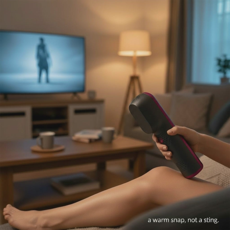 Five second clip of the Clarty handset gliding along a shin with the caption a warm snap, not a sting